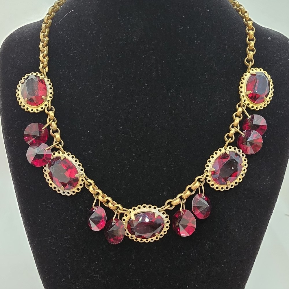 Vintage Brass Ruby Red Glass Necklace Victorian Revival 1940s Boho Goth